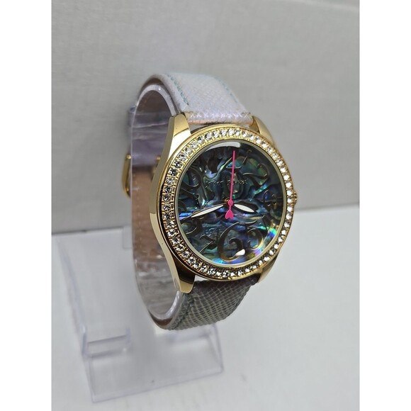 Betsey Johnson Abalone Dial Crystals Iridescent Purple Womens Watch New Battery - Picture 3 of 14
